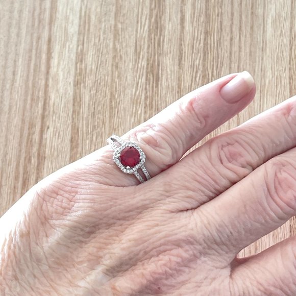 Round Simulated Ruby Halo Ring w/ Split Shank - 925 Sterling Silver - Picture 4 of 5